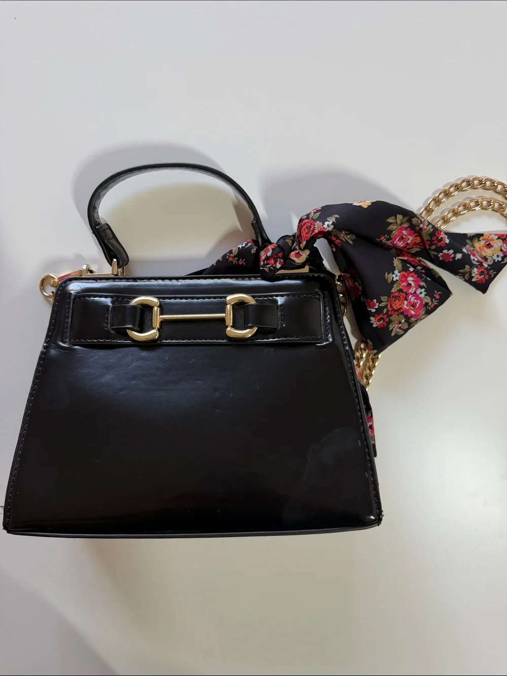 Steve Madden Black Structured Satchel with Gold Chain and Floral Scarf